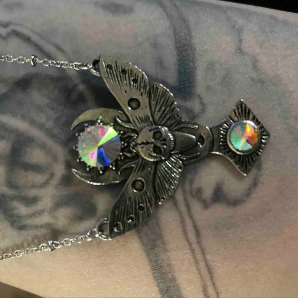New Stainless Steel Butterfly Skull Rainbow Gemstone Pendant Necklace - Picture 10 of 11